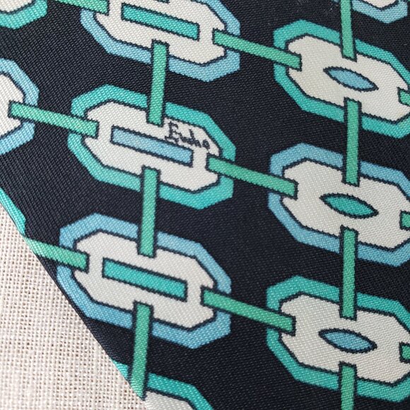 Emilio Pucci Silk Tie Black Teal Geometric Vintage Italy Saks Fifth Ave - Picture 2 of 7